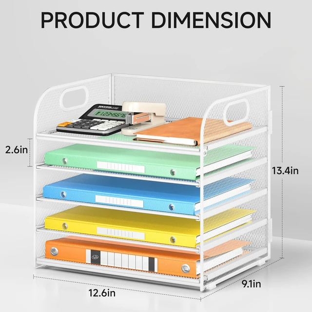 Alt view image 2 of 6 - 5 Tray Paper Organizer Letter Tray with Handle - Mesh Desk File Organizer, Paper Sorter Organizer for Office, Home or School File Folder Holder - White