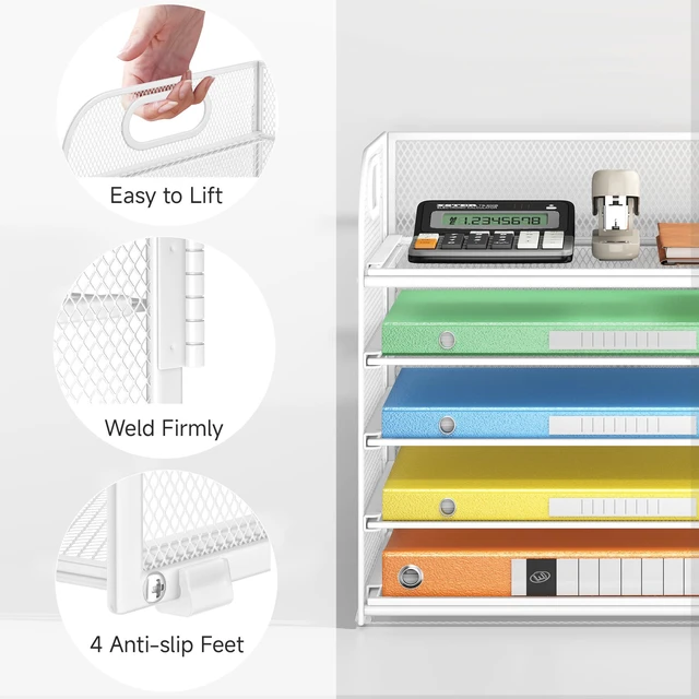 Alt view image 3 of 6 - 5 Tray Paper Organizer Letter Tray with Handle - Mesh Desk File Organizer, Paper Sorter Organizer for Office, Home or School File Folder Holder - White