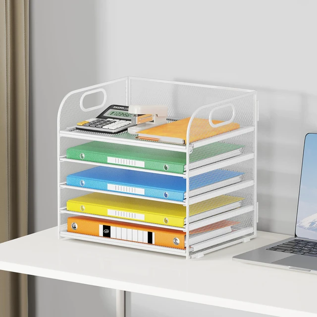 Alt view image 6 of 6 - 5 Tray Paper Organizer Letter Tray with Handle - Mesh Desk File Organizer, Paper Sorter Organizer for Office, Home or School File Folder Holder - White