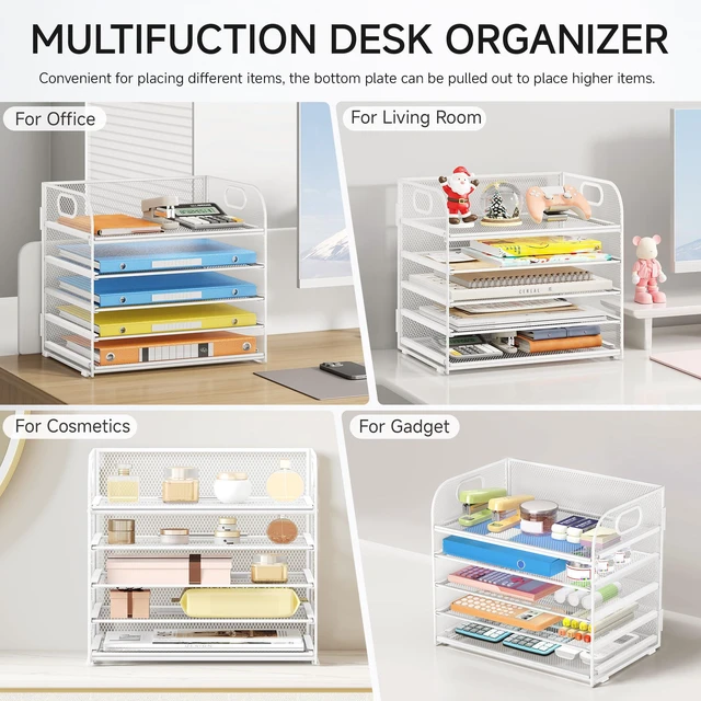 Alt view image 5 of 6 - 5 Tray Paper Organizer Letter Tray with Handle - Mesh Desk File Organizer, Paper Sorter Organizer for Office, Home or School File Folder Holder - White