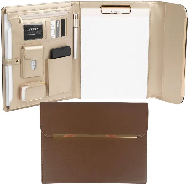 Main image of Brown Vegan Leather Binder for Women | Magnetic Closure Business Leather Portfolio Organizer with Gold Trim | Professional Padfolio for Meetings Interviews Documents