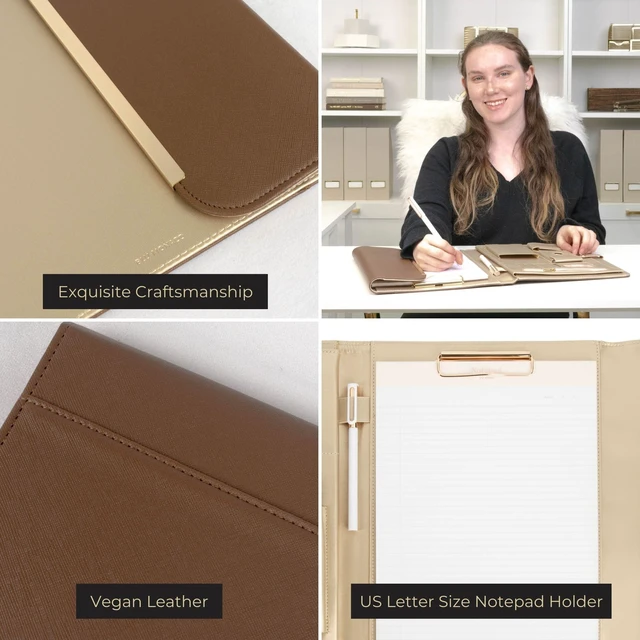 Alt view image 4 of 6 - Brown Vegan Leather Binder for Women | Magnetic Closure Business Leather Portfolio Organizer with Gold Trim | Professional Padfolio for Meetings Interviews Documents