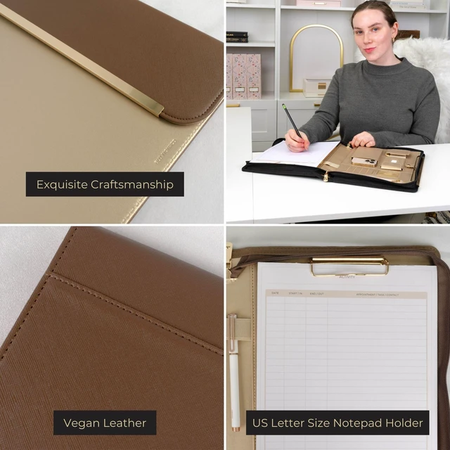 Alt view image 5 of 6 - Brown Vegan Leather Padfolio | Zippered Work Organizer Binder with Gold Trim | Professional Document Case 8.5 x 11 for Women