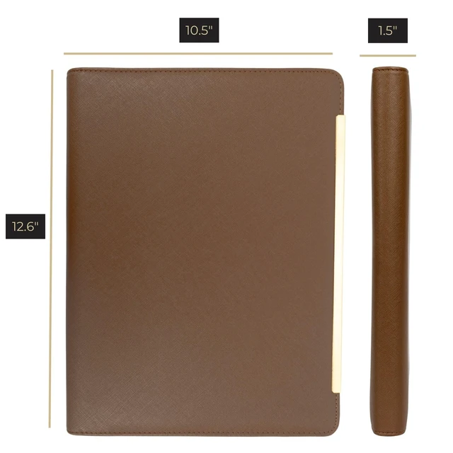 Alt view image 6 of 6 - Brown Vegan Leather Padfolio | Zippered Work Organizer Binder with Gold Trim | Professional Document Case 8.5 x 11 for Women