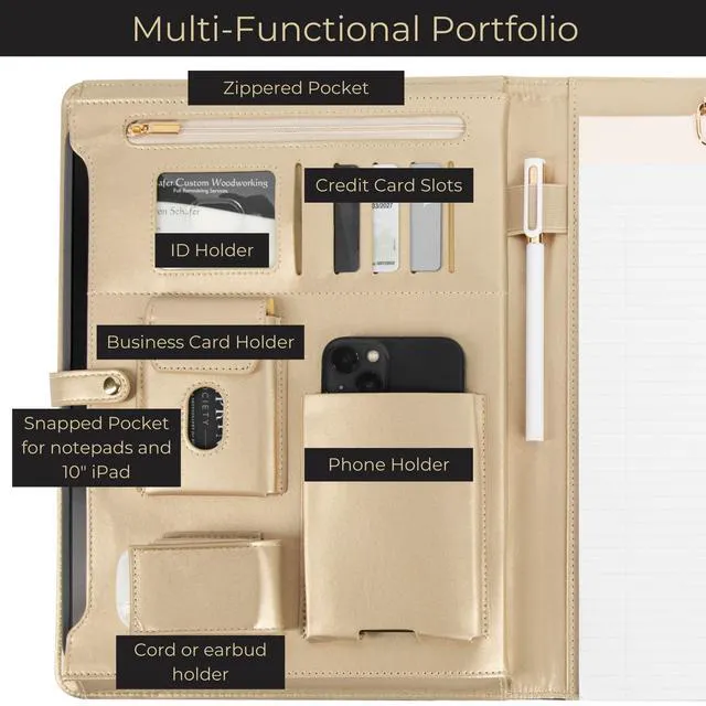 Alt view image 2 of 6 - Brown Vegan Leather Binder for Women | Magnetic Closure Business Leather Portfolio Organizer with Gold Trim | Professional Padfolio for Meetings Interviews Documents