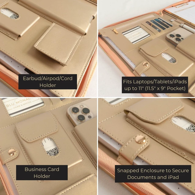 Alt view image 3 of 6 - Peach Beige Vegan Leather Portfolio Binder for Women | Zipper Portfolio Binder with Gold Trim | Professional Business Portfolio with Zipper for 8.5 x 11 Documents