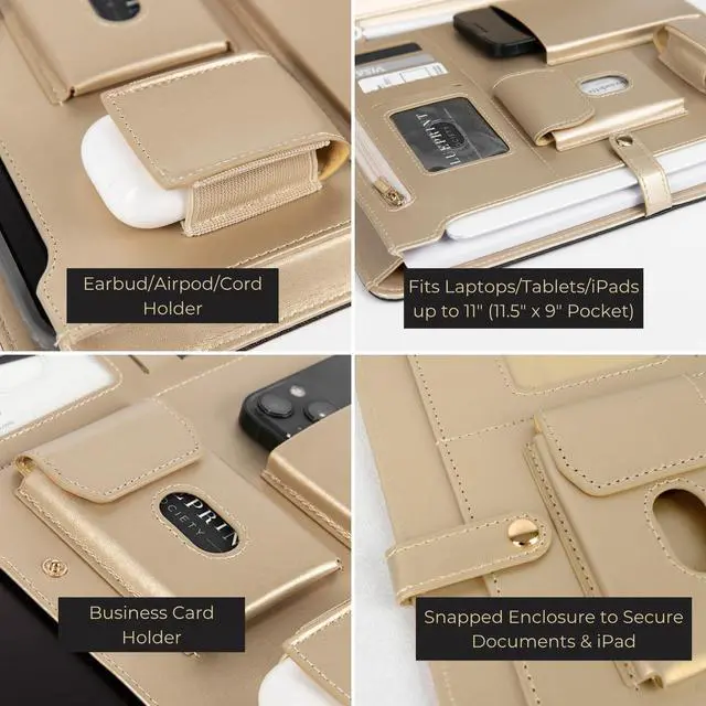 Alt view image 5 of 6 - Brown Vegan Leather Binder for Women | Magnetic Closure Business Leather Portfolio Organizer with Gold Trim | Professional Padfolio for Meetings Interviews Documents