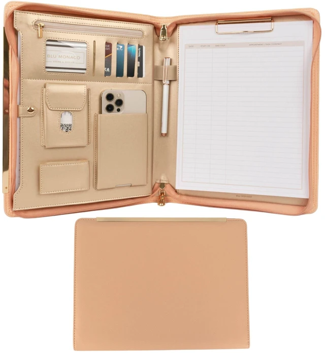 Main image of Peach Beige Vegan Leather Portfolio Binder for Women | Zipper Portfolio Binder with Gold Trim | Professional Business Portfolio with Zipper for 8.5 x 11 Documents