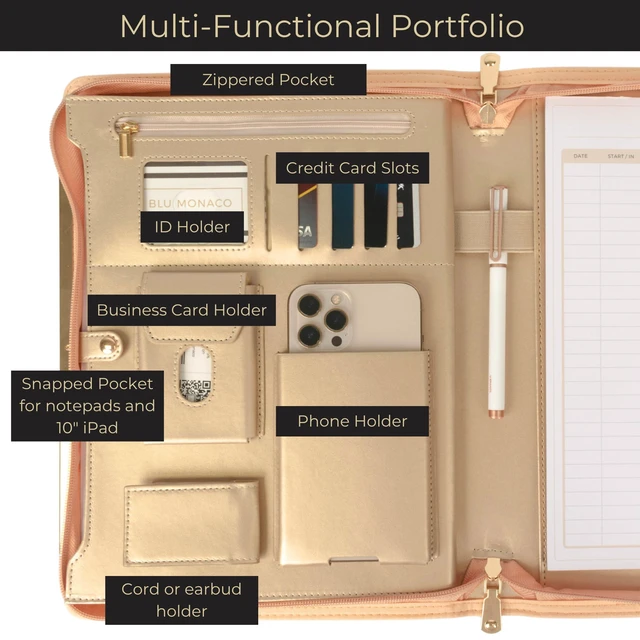 Alt view image 2 of 6 - Peach Beige Vegan Leather Portfolio Binder for Women | Zipper Portfolio Binder with Gold Trim | Professional Business Portfolio with Zipper for 8.5 x 11 Documents