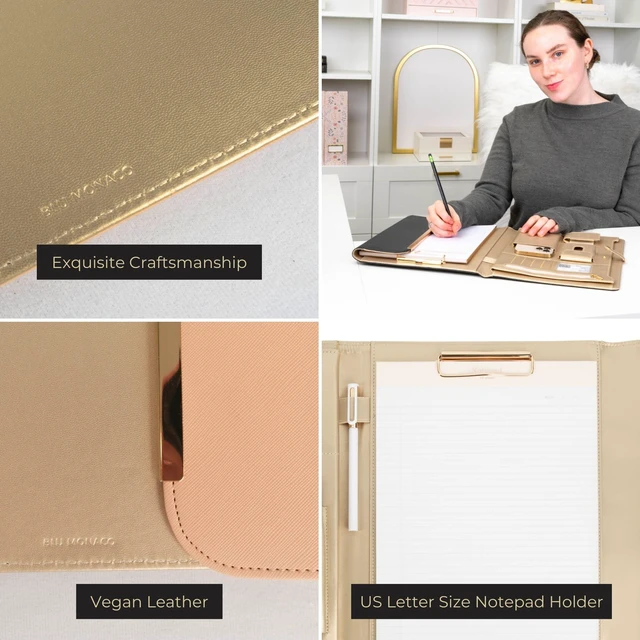 Alt view image 5 of 6 - Peach Beige Vegan Leather Padfolio | Professional Portfolio Binder with Magnetic Closure and Gold Trim | 8.5 x 11 Business Organizer Case for Women