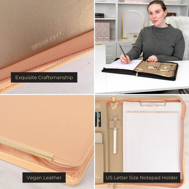 Alt view image 5 of 6 - Peach Beige Vegan Leather Portfolio Binder for Women | Zipper Portfolio Binder with Gold Trim | Professional Business Portfolio with Zipper for 8.5 x 11 Documents