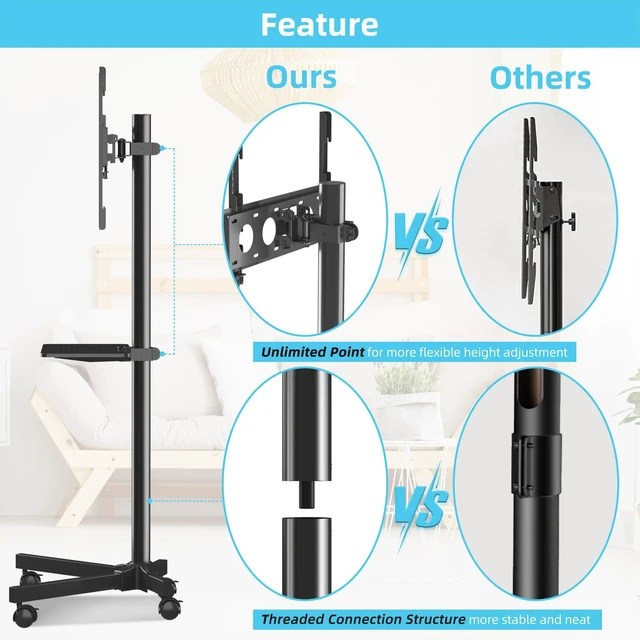 Alt view image 2 of 7 - Mobile TV Carts on Wheels for 21-60 Inch Flat/Curved Panel Screens TVs Unlimited Point Height Adjustable Tilting TV Floor Trolley Stand with Shelf Holds up to 77lbs - Max VESA 400x400mm