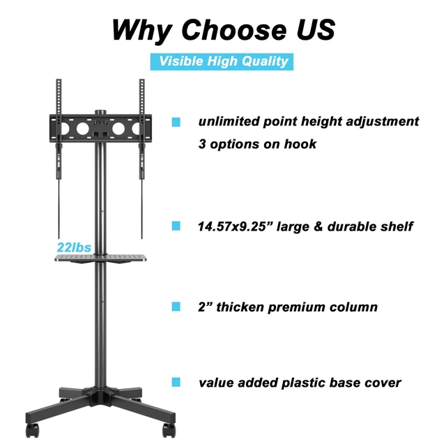 Alt view image 4 of 7 - Mobile TV Carts on Wheels for 21-60 Inch Flat/Curved Panel Screens TVs Unlimited Point Height Adjustable Tilting TV Floor Trolley Stand with Shelf Holds up to 77lbs - Max VESA 400x400mm