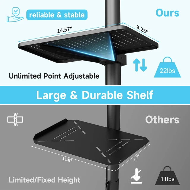 Alt view image 3 of 7 - Mobile TV Carts on Wheels for 21-60 Inch Flat/Curved Panel Screens TVs Unlimited Point Height Adjustable Tilting TV Floor Trolley Stand with Shelf Holds up to 77lbs - Max VESA 400x400mm