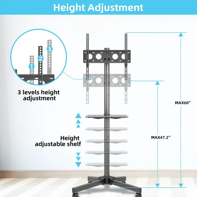 Alt view image 5 of 7 - Mobile TV Carts on Wheels for 21-60 Inch Flat/Curved Panel Screens TVs Unlimited Point Height Adjustable Tilting TV Floor Trolley Stand with Shelf Holds up to 77lbs - Max VESA 400x400mm