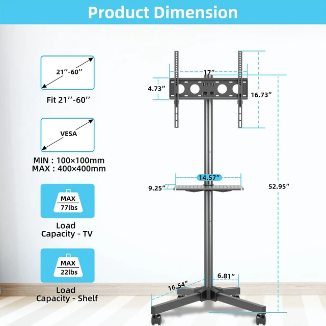 Alt view image 6 of 7 - Mobile TV Carts on Wheels for 21-60 Inch Flat/Curved Panel Screens TVs Unlimited Point Height Adjustable Tilting TV Floor Trolley Stand with Shelf Holds up to 77lbs - Max VESA 400x400mm