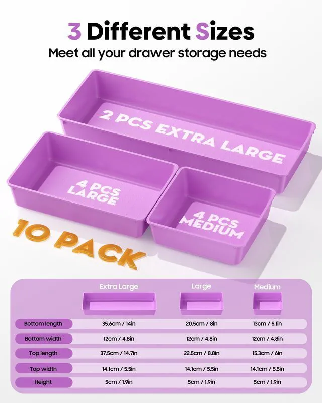 Alt view image 2 of 7 - 10 Pack Large Size Plastic Drawer Organizers Set, 3 Sizes Desk Drawer Organizer Trays, Storage Bins for Vanity, Makeup, Bathroom, Kitchen Utensils and Office (Purple)
