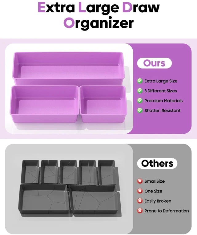 Alt view image 3 of 7 - 10 Pack Large Size Plastic Drawer Organizers Set, 3 Sizes Desk Drawer Organizer Trays, Storage Bins for Vanity, Makeup, Bathroom, Kitchen Utensils and Office (Purple)