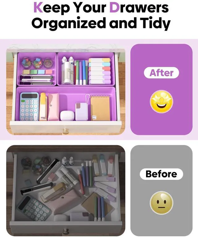 Alt view image 4 of 7 - 10 Pack Large Size Plastic Drawer Organizers Set, 3 Sizes Desk Drawer Organizer Trays, Storage Bins for Vanity, Makeup, Bathroom, Kitchen Utensils and Office (Purple)