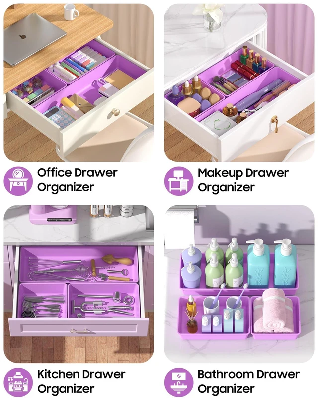Alt view image 5 of 7 - 10 Pack Large Size Plastic Drawer Organizers Set, 3 Sizes Desk Drawer Organizer Trays, Storage Bins for Vanity, Makeup, Bathroom, Kitchen Utensils and Office (Purple)