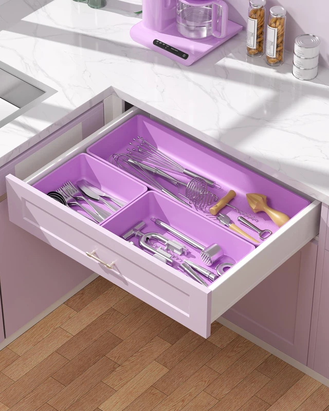 Alt view image 6 of 7 - 10 Pack Large Size Plastic Drawer Organizers Set, 3 Sizes Desk Drawer Organizer Trays, Storage Bins for Vanity, Makeup, Bathroom, Kitchen Utensils and Office (Purple)