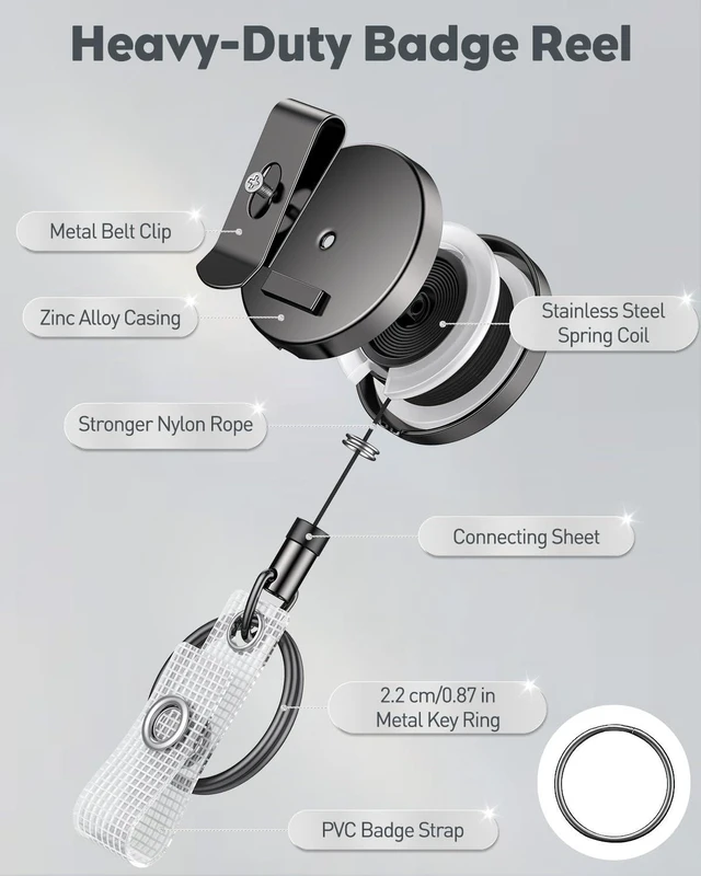 Alt view image 6 of 7 - 5 Pack Heavy Duty Metal Retractable Badge Reel for Badge Holder Retractable Keychain All Metal Casing with Stainless Steel Spring Coil 23.6 Inch Nylon Rope Belt Clip and Key Ring