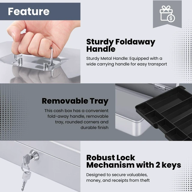 Alt view image 2 of 7 - Small Cash Box with Money Tray and Lock, 11.4-Inch, Silver Portable Metal Money Box for Petty Cash with Removable 9-Compartment Tray, 4 Bill Slots, Folding Handle, and 2 Keys