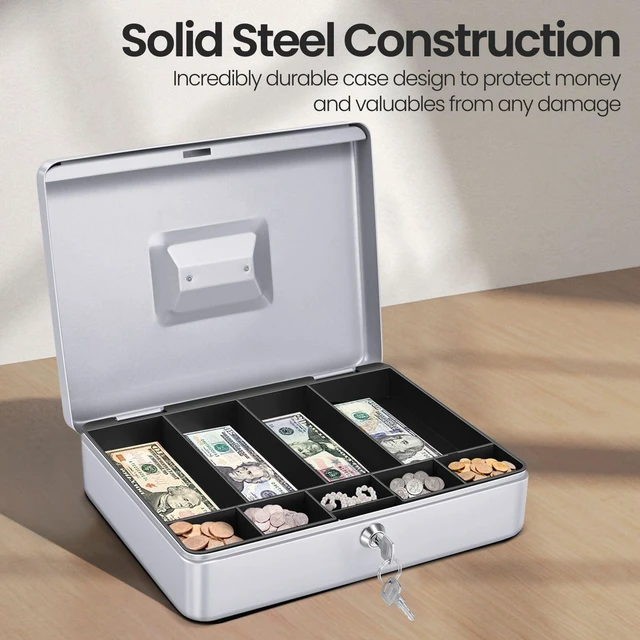 Alt view image 4 of 7 - Small Cash Box with Money Tray and Lock, 11.4-Inch, Silver Portable Metal Money Box for Petty Cash with Removable 9-Compartment Tray, 4 Bill Slots, Folding Handle, and 2 Keys