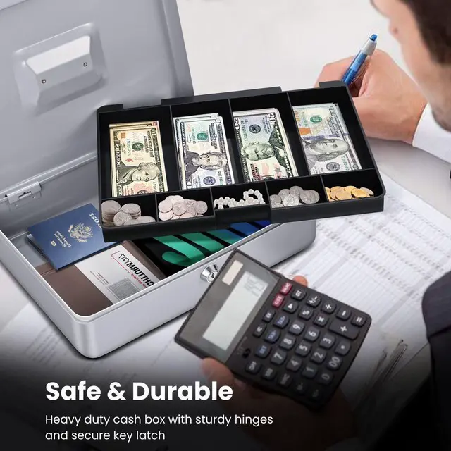 Alt view image 5 of 7 - Small Cash Box with Money Tray and Lock, 11.4-Inch, Silver Portable Metal Money Box for Petty Cash with Removable 9-Compartment Tray, 4 Bill Slots, Folding Handle, and 2 Keys