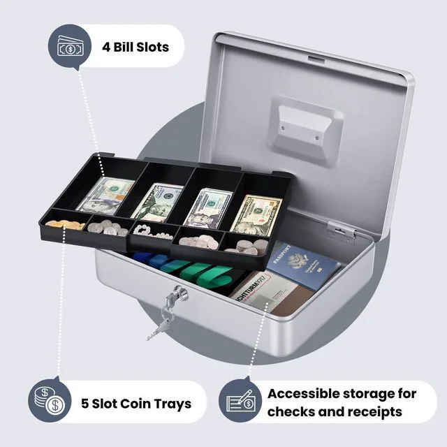 Alt view image 3 of 7 - Small Cash Box with Money Tray and Lock, 11.4-Inch, Silver Portable Metal Money Box for Petty Cash with Removable 9-Compartment Tray, 4 Bill Slots, Folding Handle, and 2 Keys