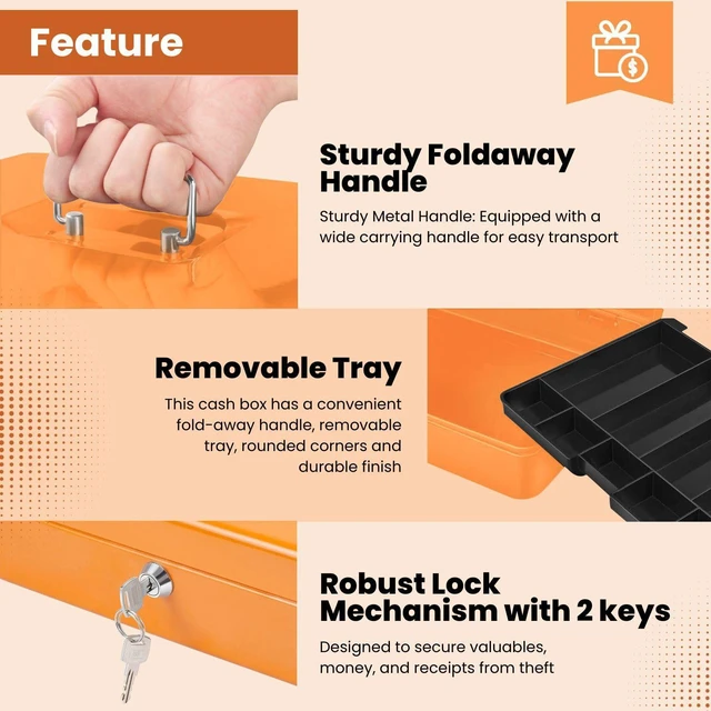 Alt view image 2 of 7 - Small Cash Box with Money Tray and Lock, 11.4-Inch, Orange Portable Metal Money Box for Petty Cash with Removable 9-Compartment Tray, 4 Bill Slots, Folding Handle, and 2 Keys