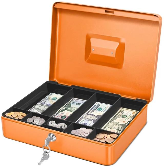 Main image of Small Cash Box with Money Tray and Lock, 11.4-Inch, Orange Portable Metal Money Box for Petty Cash with Removable 9-Compartment Tray, 4 Bill Slots, Folding Handle, and 2 Keys