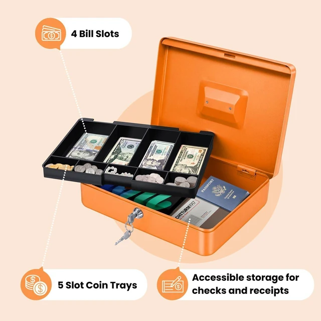 Alt view image 3 of 7 - Small Cash Box with Money Tray and Lock, 11.4-Inch, Orange Portable Metal Money Box for Petty Cash with Removable 9-Compartment Tray, 4 Bill Slots, Folding Handle, and 2 Keys