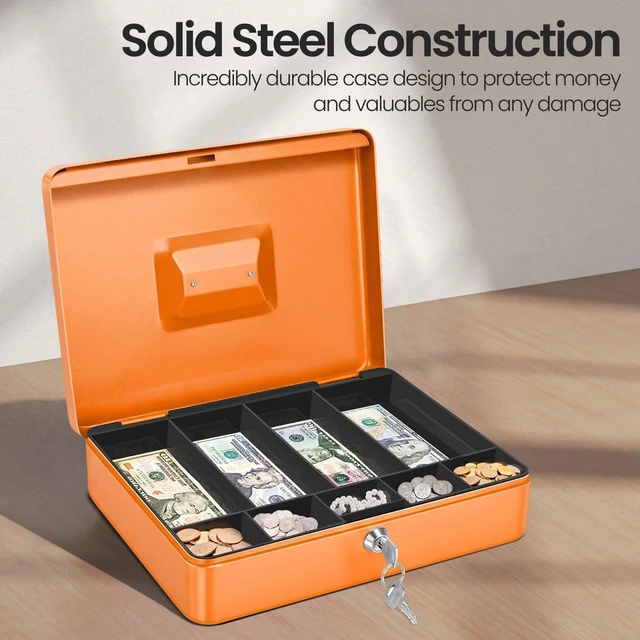 Alt view image 4 of 7 - Small Cash Box with Money Tray and Lock, 11.4-Inch, Orange Portable Metal Money Box for Petty Cash with Removable 9-Compartment Tray, 4 Bill Slots, Folding Handle, and 2 Keys
