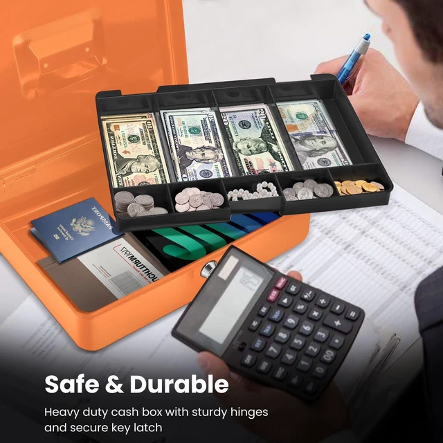 Alt view image 5 of 7 - Small Cash Box with Money Tray and Lock, 11.4-Inch, Orange Portable Metal Money Box for Petty Cash with Removable 9-Compartment Tray, 4 Bill Slots, Folding Handle, and 2 Keys