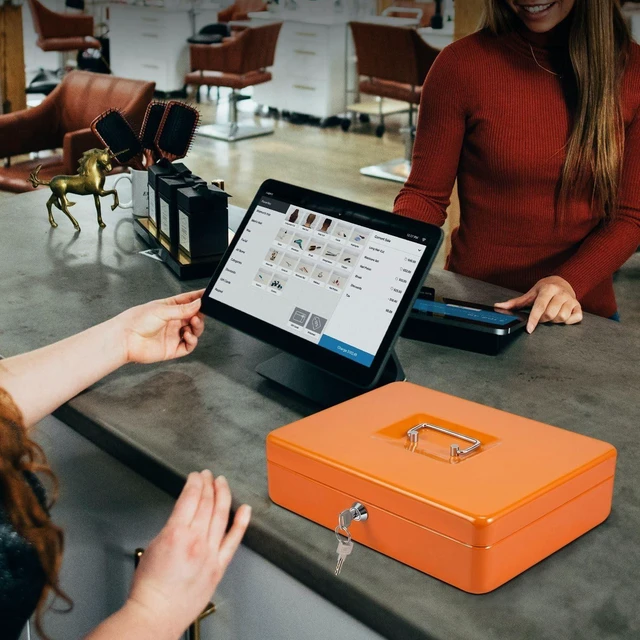 Alt view image 7 of 7 - Small Cash Box with Money Tray and Lock, 11.4-Inch, Orange Portable Metal Money Box for Petty Cash with Removable 9-Compartment Tray, 4 Bill Slots, Folding Handle, and 2 Keys