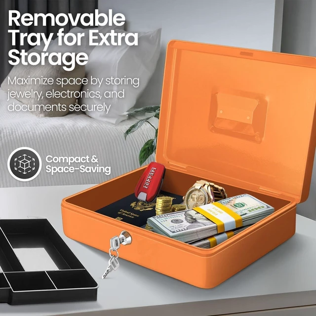 Alt view image 6 of 7 - Small Cash Box with Money Tray and Lock, 11.4-Inch, Orange Portable Metal Money Box for Petty Cash with Removable 9-Compartment Tray, 4 Bill Slots, Folding Handle, and 2 Keys