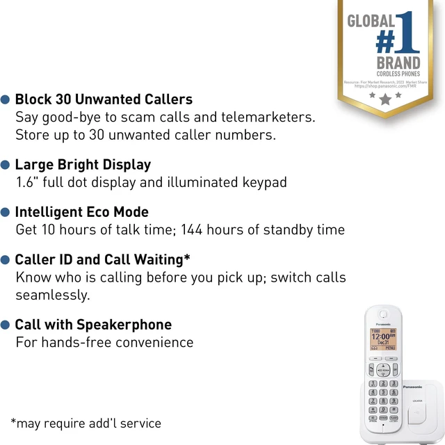 Alt view image 2 of 7 - Cordless Phone, 1.6" Backlit Display, Call Block, Speakerphone, 10 Hours Talk Time, 1 Handset - KX-TGC200W (White)
