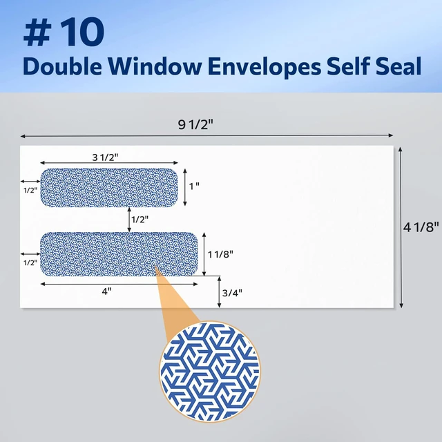 Alt view image 2 of 7 - Envelopes Self Seal #10 Double Window Envelopes 500 Pack, Security Tint, Self Seal Closure, Fits Standard Business Checks, 4-1/8 x 9-1/2 Letter Envelope for Invoices & Mailings, 24LB