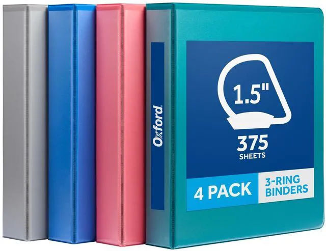 Main image of 1.5 Inch 3 Ring Binders, 4 Pack, Assorted Colors, Holds 375 Sheets D rings, clear view covers for custom inserts, and 2 inside pockets. PVC free, non stick. Stock up pack