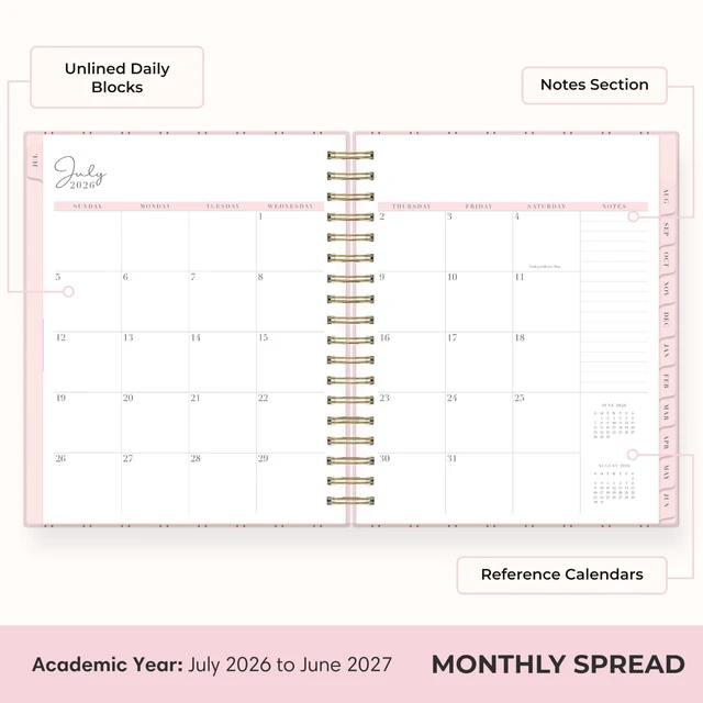 Alt view image 4 of 7 - 2026-2027 Daily & Monthly Academic Planner, 7"x9", Laine Pink July 2026 - June 2027, Laminated Cover, Wirebound, Laminated Tabs, Storage Pocket, Stickers, Academic Year, Rachel Parcell