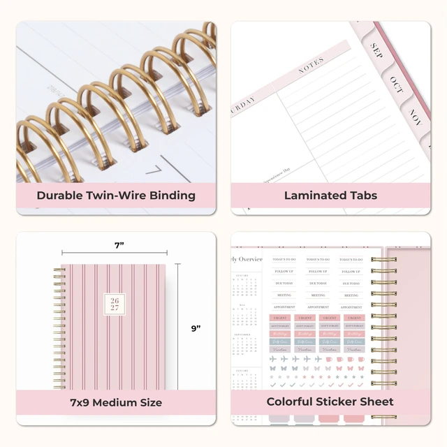Alt view image 7 of 7 - 2026-2027 Daily & Monthly Academic Planner, 7"x9", Laine Pink July 2026 - June 2027, Laminated Cover, Wirebound, Laminated Tabs, Storage Pocket, Stickers, Academic Year, Rachel Parcell
