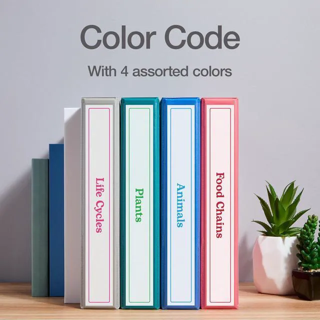 Alt view image 6 of 7 - 1.5 Inch 3 Ring Binders, 4 Pack, Assorted Colors, Holds 375 Sheets D rings, clear view covers for custom inserts, and 2 inside pockets. PVC free, non stick. Stock up pack