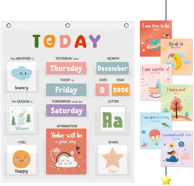 Main image of Daily Morning Board,Circle Time Calendar,Classroom Supplies, Interactive Learning Chart for Preschool & Kindergarten, Includes Weather, Feelings, and Affirmations Board