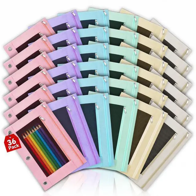 Main image of 36 Pcs Pencil Pouch for 3 Ring Binder, 2 Pocket Zipper Binder Pouch Bulk, Pastel Binders Pencil Case, School Supplies for Boy Girl Student, Reinforced Grommets, Clear Window, Micro Mesh