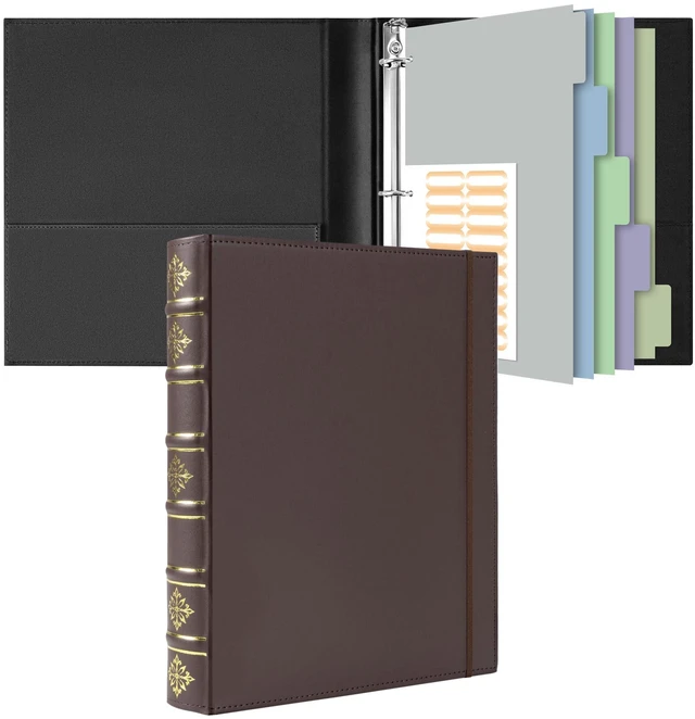 Main image of Vintage 3 Ring Binder 1 Inch, Leather Hardback D Ring Binder with Pockets and 5 Tab Dividers, Book Style Document Organizer Fits Letter Size for Home and Office Brown