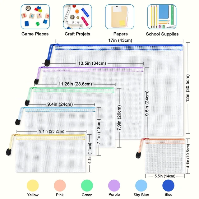 Alt view image 2 of 6 - 12PCS Mesh Zipper Pouch Bags: 6 Size Clear Zipper Pouches for Classroom 6 Colors Plastic Board Game Organizer and Storage, Multisize Clear Zipper Bags Waterproof for School and Office Supplies