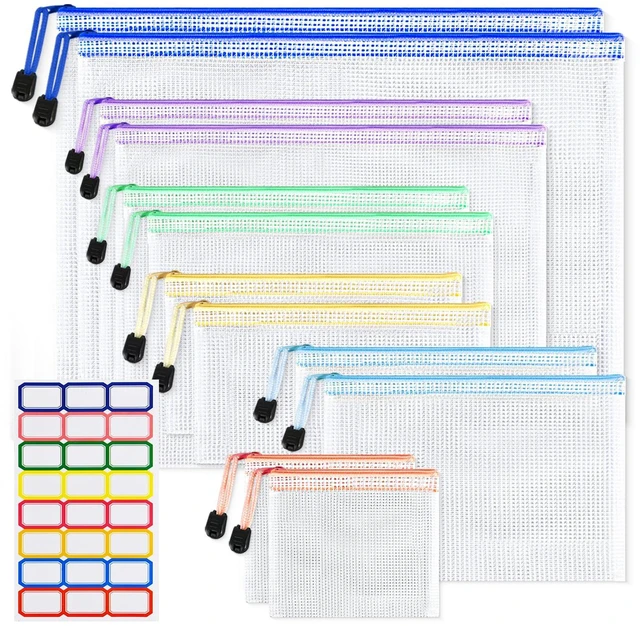Main image of 12PCS Mesh Zipper Pouch Bags: 6 Size Clear Zipper Pouches for Classroom 6 Colors Plastic Board Game Organizer and Storage, Multisize Clear Zipper Bags Waterproof for School and Office Supplies