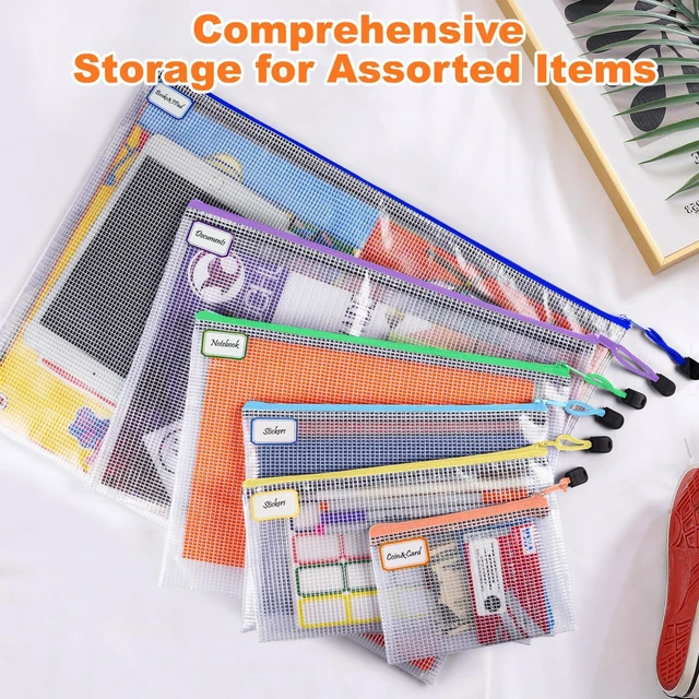 Alt view image 4 of 6 - 12PCS Mesh Zipper Pouch Bags: 6 Size Clear Zipper Pouches for Classroom 6 Colors Plastic Board Game Organizer and Storage, Multisize Clear Zipper Bags Waterproof for School and Office Supplies