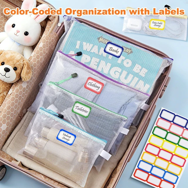Alt view image 5 of 6 - 12PCS Mesh Zipper Pouch Bags: 6 Size Clear Zipper Pouches for Classroom 6 Colors Plastic Board Game Organizer and Storage, Multisize Clear Zipper Bags Waterproof for School and Office Supplies